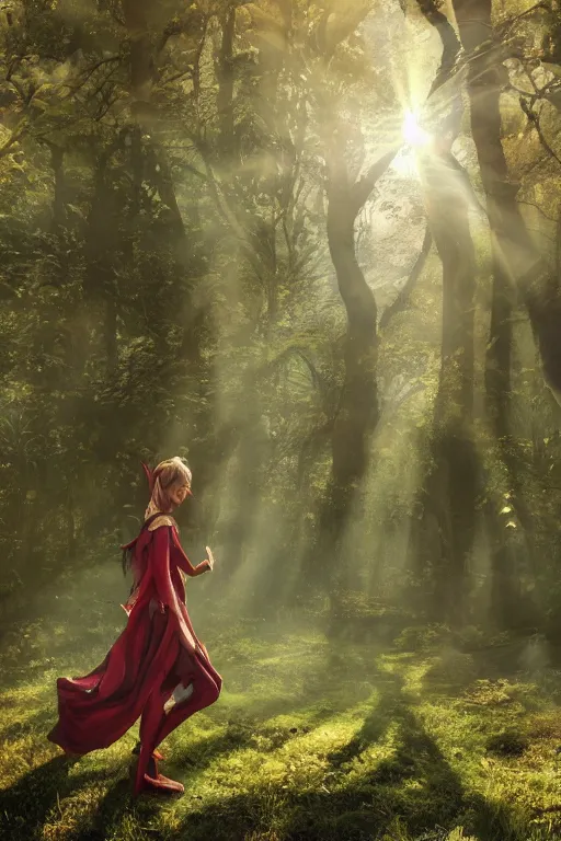 Image similar to a beautiful elf princess walking in an enchanted forest, beautiful and symmetrical face, light rays sieving through the trees, evening, warm light, hyperrealistic, 4K, trending on artstation