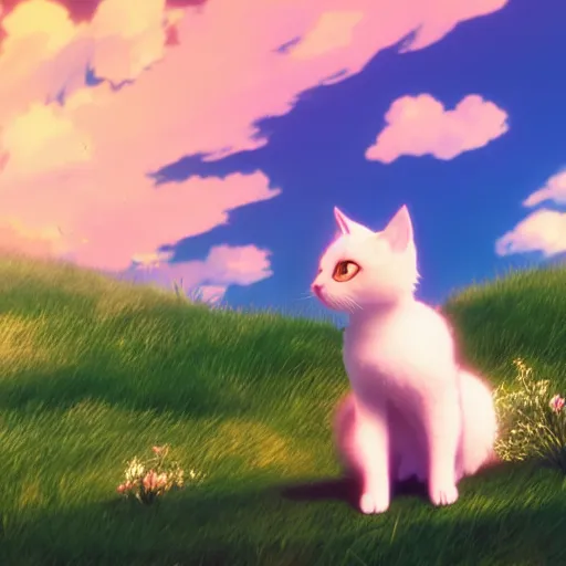 Image similar to a wholesome animation key shot of a kitten on a hill, fluffy pink anime clouds, studio ghibli, pixar animation, sharp, rendered in unreal engine 5, anime key art, bloom, dramatic lighting