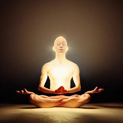 Prompt: a meditating person whose forehead is illuminated by a bright white light
