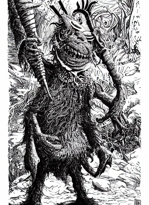 Image similar to a muppet as a D&D monster, full body, pen-and-ink illustration, etching, by Russ Nicholson, DAvid A Trampier, larry elmore, 1981, HQ scan, intricate details, Monster Manula, Fiend Folio