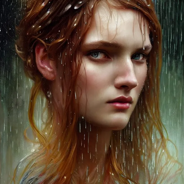 Image similar to bright portrait rain on face and wet hair, overhead lighting, fantasy, intricate, elegant, dramatic lighting, highly detailed, lifelike, photorealistic, digital painting, artstation, illustration, concept art, smooth, sharp focus, art by John Collier and Albert Aublet and Krenz Cushart and Artem Demura and Alphonse Mucha