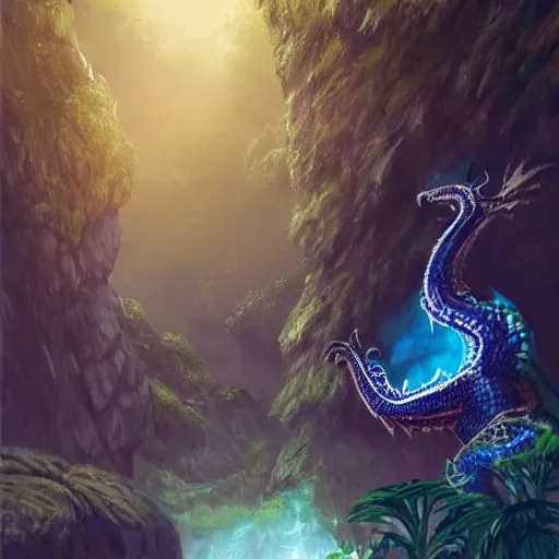 Prompt: A dragonborn with blue scales in a rainforest, trending on artstation, digital art