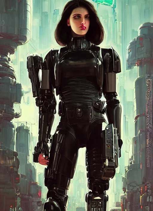 Image similar to Sgt Sara Grim. Menacing Cyberpunk police trooper wearing a combat vest and towering with robotic legs. (dystopian, police state, Cyberpunk 2077, bladerunner 2049). Iranian orientalist portrait by john william waterhouse and Edwin Longsden Long and Theodore Ralli and Nasreddine Dinet, oil on canvas. Cinematic, vivid colors, hyper realism, realistic proportions, dramatic lighting, high detail 4k
