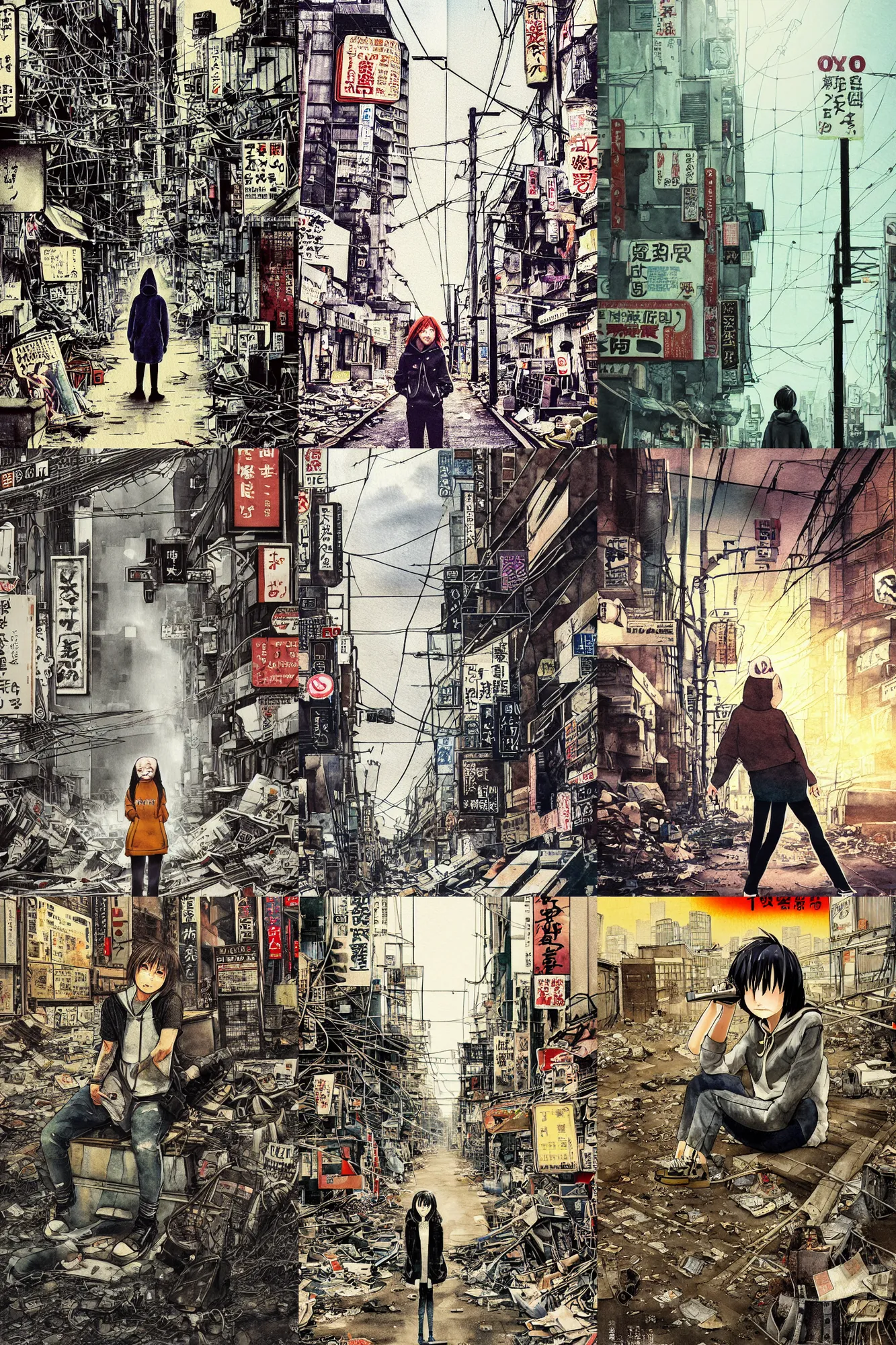 Prompt: tatsuyuki tanaka movie poster, graphic design, shinjuku, koji morimoto, masamune shirow, tatsuyuki tanaka, foggy, bright sun bleached ground, watercolor, paper texture, movie scene, distant shot of hoody girl sitting in deserted dusty shinjuku junk town, old pawn shop, overhead wires, telephone pole, dusty, dry, 4k, dynamic camera angle, deep 3 point perspective, fish eye, dynamic scene