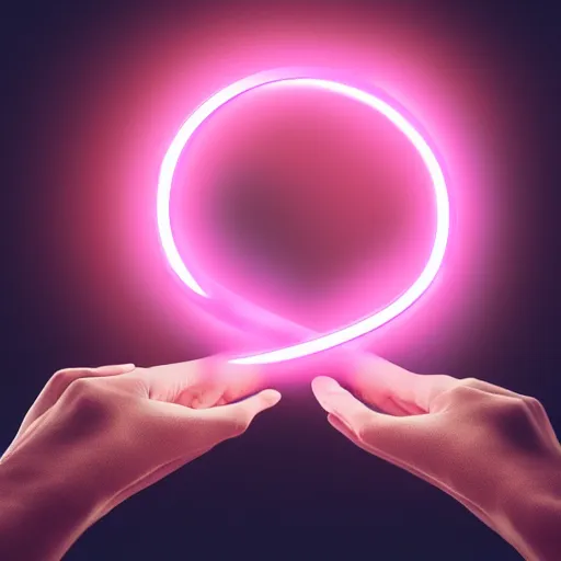 Image similar to a floating glowing infinity symbol above someone's hands, cinematic, fantasy octane render 8 k postproduction
