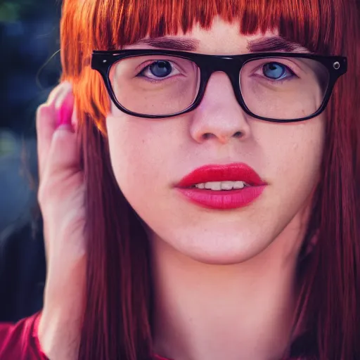 Image similar to dslr photo of velma dinkley, portrait photo, real photo, real camera, extreme detailed face and body, high quality, moody lighting, fast paced lines, sharp quality, enchanting lighting, 8 k