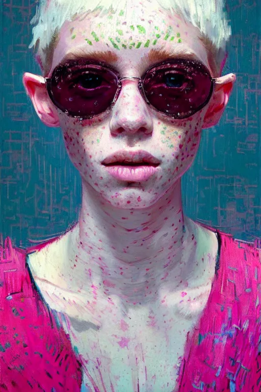 Image similar to portrait of a beautiful girl, albino, lots of freckles, nose piercing, shades of pink, beautiful face, rule of thirds, intricate outfit, spotlight, by greg rutkowski, by jeremy mann, by francoise nielly, by van gogh, digital painting