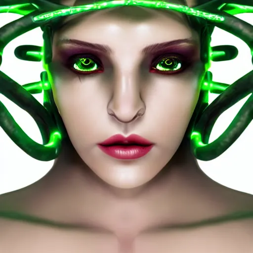 Image similar to portrait of medusa as a seductive beautiful female human cyborg hybrid, with large intertwined mechanical snakes featuring small green LEDs for hair, beautiful detailed green eyes and green lips, shallow depth of focus, award winning 3d render