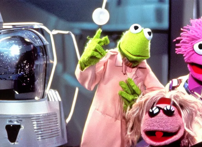 Prompt: scene from the 1982 science fiction film Muppet TRON