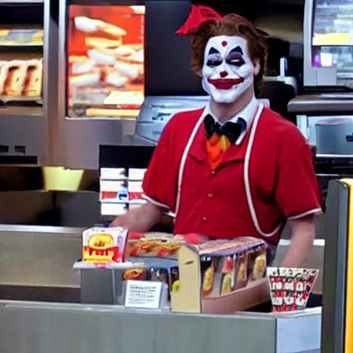 Image similar to joaquin phoenix joker working as a cashier at mcdonalds