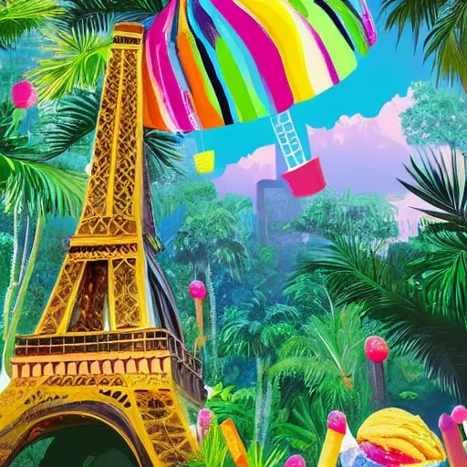 Image similar to eiffel tower surrounded by ice cream in a tropical forest with animals, modern art, mysterious, colorful,