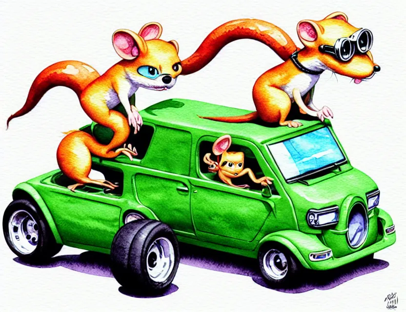 Image similar to cute and funny, weasel riding in a tiny hot rod with oversized engine, ratfink style by ed roth, centered award winning watercolor pen illustration, isometric illustration by chihiro iwasaki, edited by range murata, tiny details by artgerm and watercolor girl, symmetrically isometrically centered