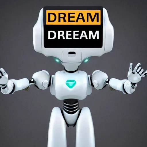 Image similar to artificial intelligence robot holding a sign with text that reads : dream