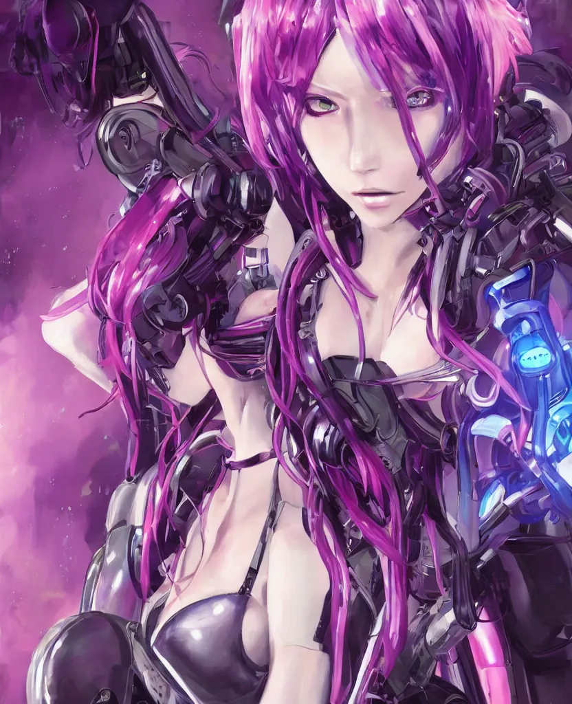 Image similar to A beautiful painting of a cyberpunk anime girl with purple hair and an a huge robot arm sensual stare, augmentations and cybernetic enhancements neon circuits, by Stanley Artgerm Lau, WLOP, Rossdraws, James Jean, Andrei Riabovitchev, Marc Simonetti, and Sakimichan, trending on artstation, hyperrealist, cinema4D, 8k highly detailed ❤️‍🔥 🔥 💀 🤖 🚀