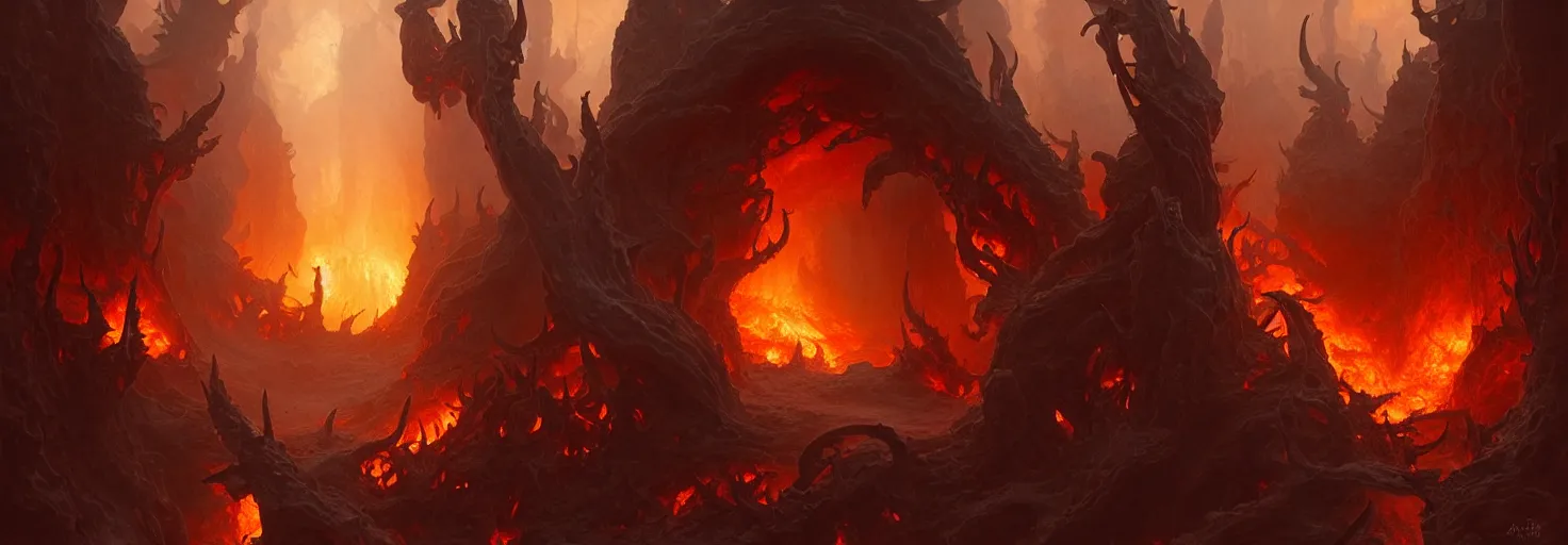 Prompt: Purgatory, fire in hell. The gateway to the infernal underworld. Devils demons, highly detailed, digital painting, artstation, concept art, smooth, sharp focus, illustration, art by artgerm and greg rutkowski and alphonse mucha