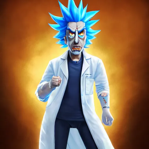 Image similar to Rick Sanchez, perfect eyes, spikey blue hair, white lab coat, full body shot, butcher, fantasy, beautiful face, medieval, vivid colors, elegant, concept art, sharp focus, digital art, Hyper-realistic, 4K, Unreal Engine, Highly Detailed, HD, Dramatic Lighting by Brom, trending on Artstation