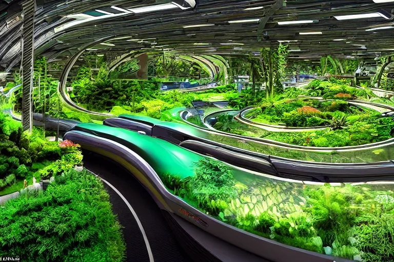 Image similar to an optimistic futuristic landscaped streams and wide conveyor belts, isometric contours - the main method of transport for people is to swim but some people stand on the conveyor belt, pop motifs, by ghibli, cannabis land