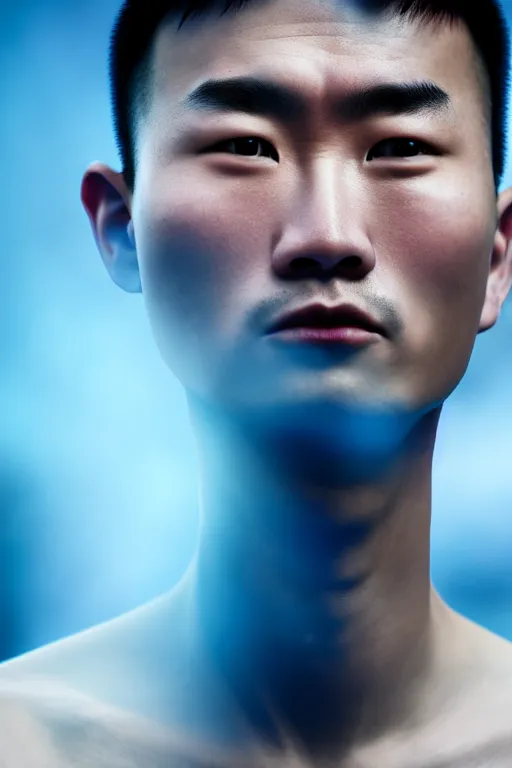 Image similar to high quality close-up photo very expressive biomechanic chinese man highly detailed eric zener elson peter cinematic blue lighting high angle hd 8k sharp shallow depth of field