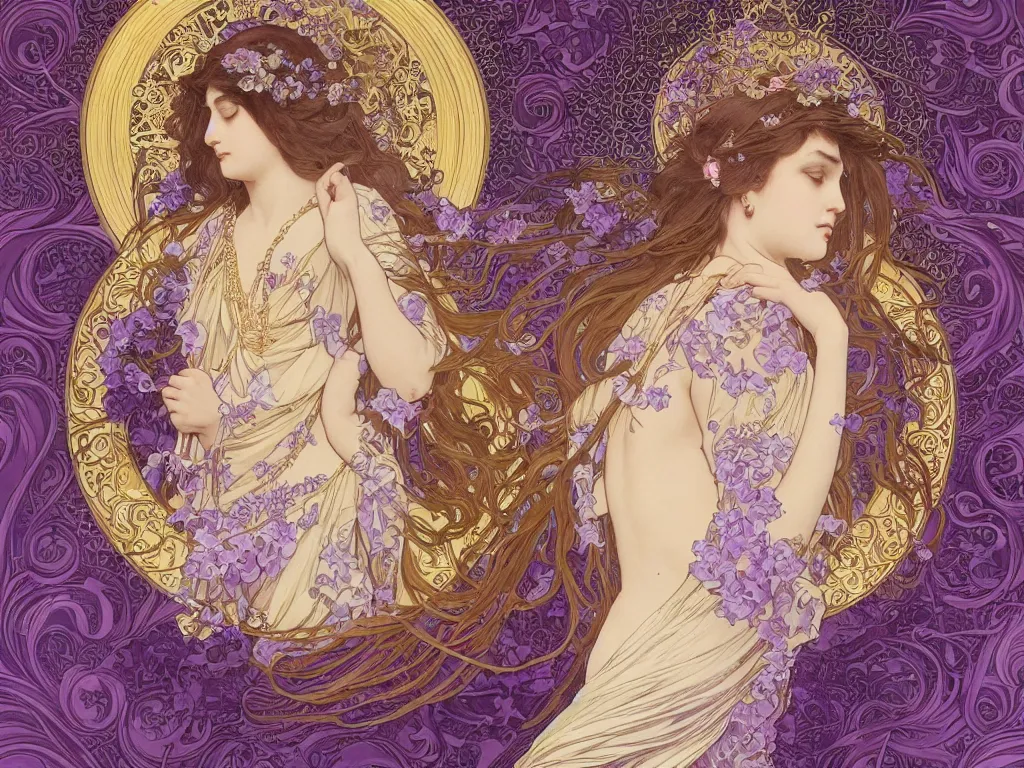 Prompt: thanatos, god of peaceful death, closed eyes, long hair, wearing ornate silk and lace clothes, gold jewelry, moon, purple feathers, by Alphonse Mucha, by artgerm, rule of thirds, super detailed, 8k