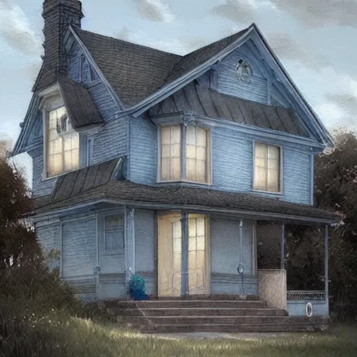 Prompt: a small suburban house, dusty blue. beautiful painting by artgerm and greg rutkowski