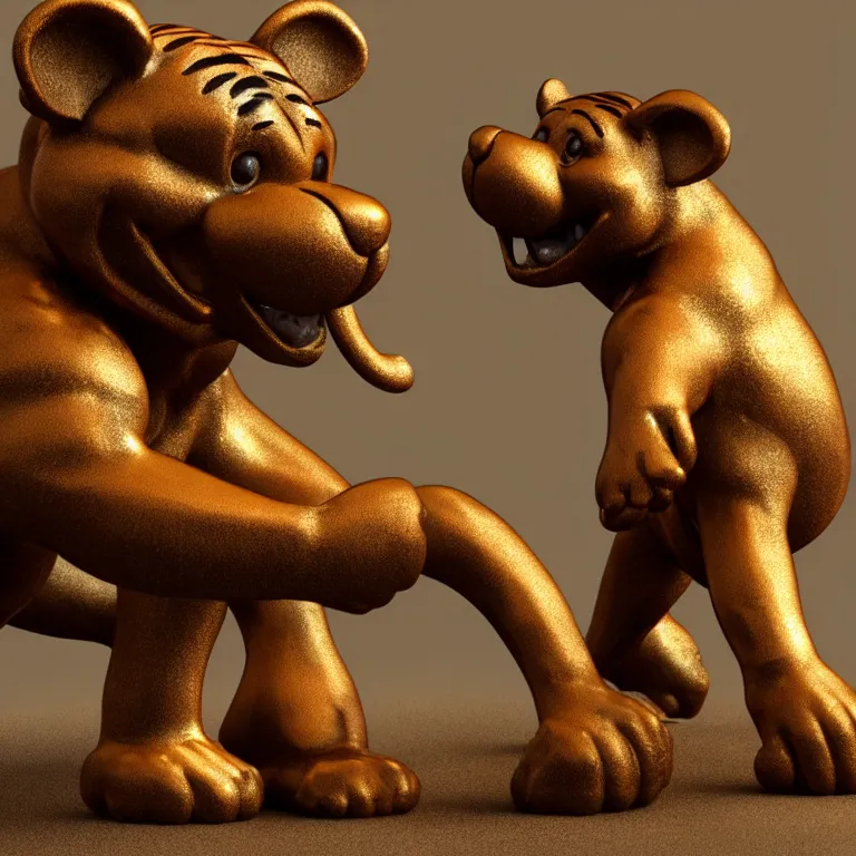 Image similar to bronze tigger statue, 3 d render, 3 d rendering, hdr, dynamic lighting, unreal engine, shiny, metallic