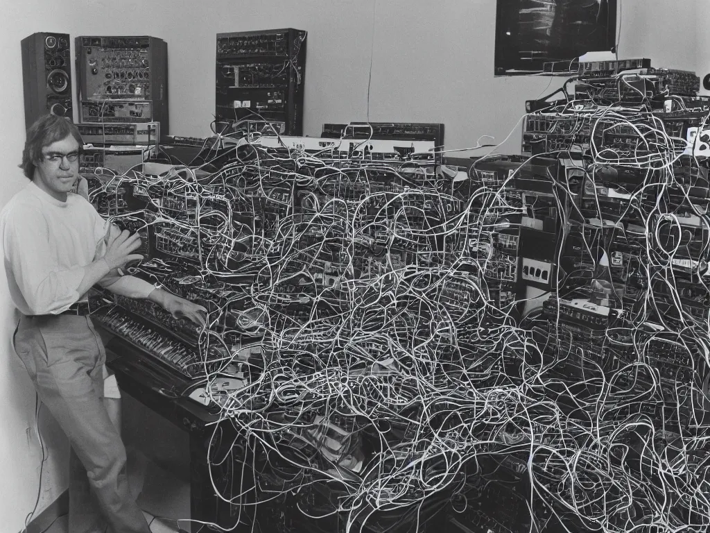 Prompt: 1980s photograph of a man made of 80s modular synthesizers