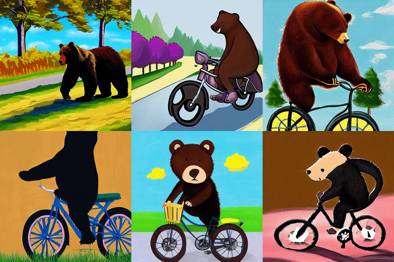 Prompt: bear driving a bike on a sunny day, digital art,