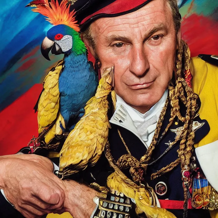 Image similar to close - up octane render portrait by wayne barlow and carlo crivelli and glenn fabry, an extremely elegant bold stern well - dressed admiral in a very powerful uniform, holding a colorful parrot, inside a colorful highly - themed nautical bar, very short depth of field, bokeh