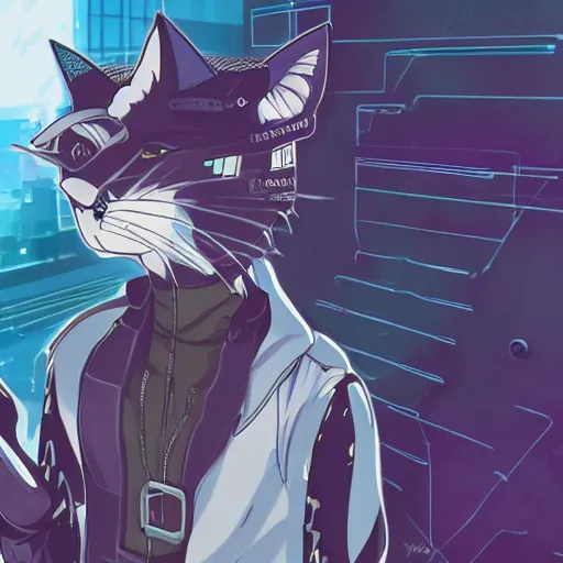 Image similar to a cyberpunk anime cat, 2 d illustration