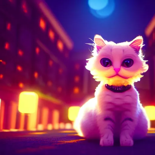 Prompt: high quality 3 d render very cute fluffy cat on luminescent city lights background, highly detailed, unreal engine cinematic smooth, moody light, low angle, uhd 8 k, sharp focus