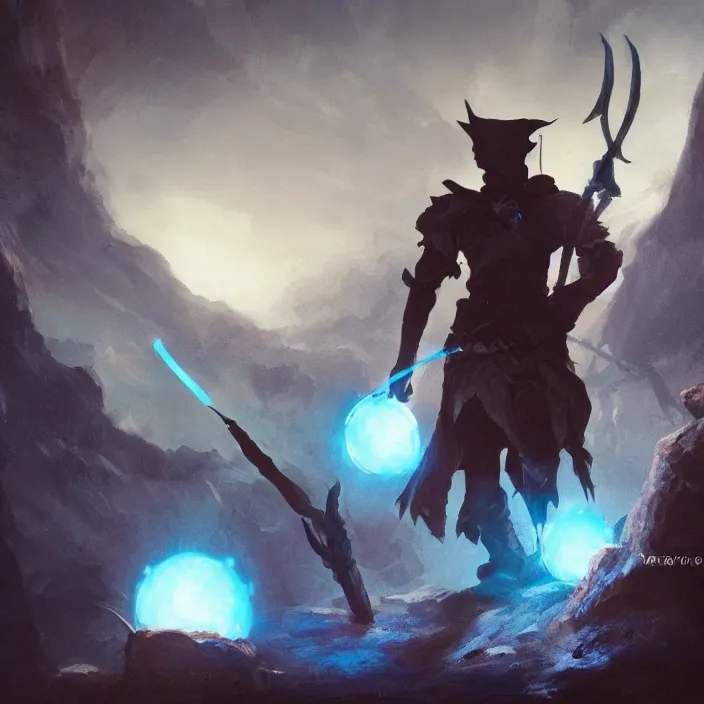 Image similar to an elf ranger in silhouette in a cave with weapons drawn facing a glowing blue orb, fantasy concept art, trending on artstation, video game concept art, highly detailed, cinematic lighting, digital art, dark fantasy, rendered in unreal