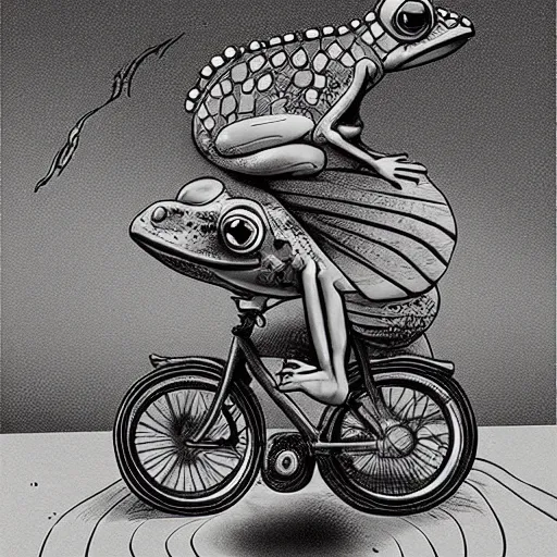 Image similar to book illustration of a frog riding a bike, surrealism