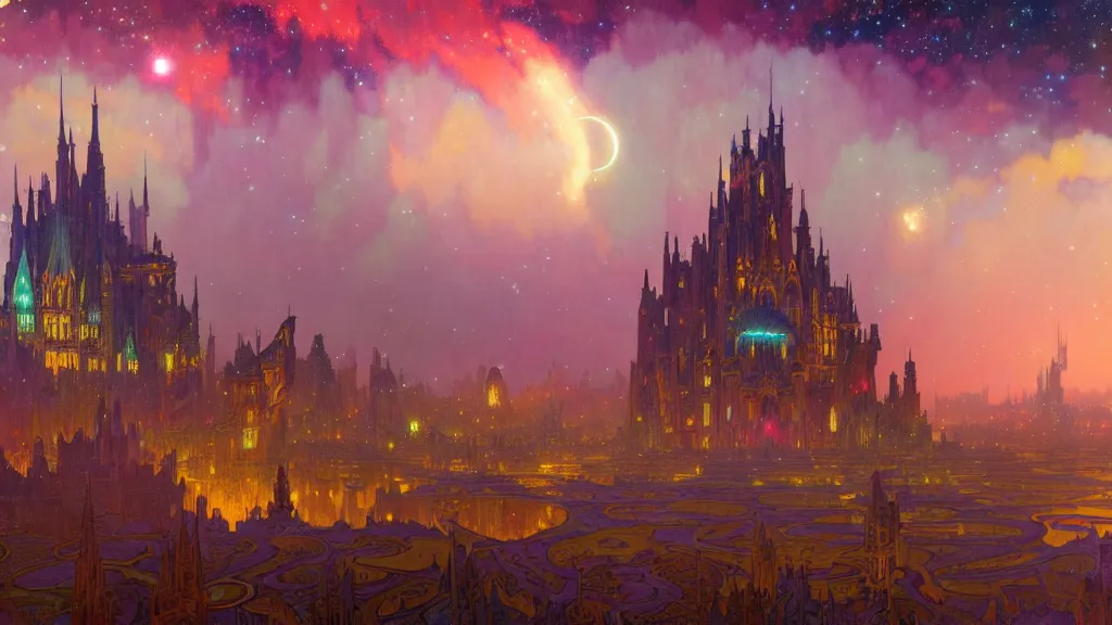 Image similar to a beautiful highly detailed matte painting of colorful castle nebulas by moebius, alphonse mucha, stars in the background, highly detailed, intricate design, cinematic view, 8 k resolution, octane render, trending on artstation and cgsociety