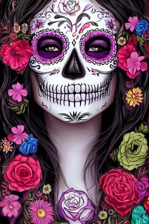 Image similar to illustration of a sugar skull day of the dead girl, art by ross tran