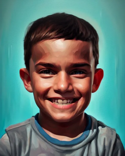 Image similar to painting, of smiling boy, shards of time, face portrait, centered portrait, medium full shot, illustration, highly detailed, simple, no jagged lines, smooth, artstation, artwork by obey, artwork by sandra chevrier