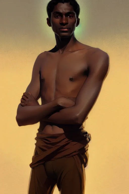 Image similar to full figure beautiful young fit dark skin man, dressed with multicolored fluent clothes, luminous scene, by greg rutkowski and alphonse mucha, d & d character, gradient white to gold, in front of a dune desert background, highly detailed portrait, digital painting, artstation, concept art, smooth, sharp focus illustration, artstation hq