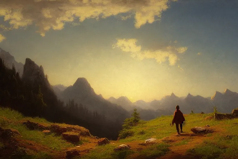 Image similar to a traveler wandering trough the mountains looking at the clouds, very detailed, focused, oil painting, cinematic lighting, albert bierstadt, trending on artstation, colorful, canvas, sunset, hans dahl, theodor kittelsen, hermann hendrich, national geographic, Konstantin Yakovlevich Kryzhitsky, beautiful nature, breathtaking, nordic