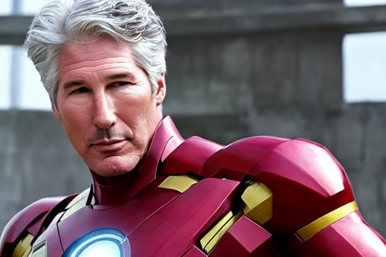 Prompt: richard gere is new iron man, epic scene from marvel movie, photo realistic