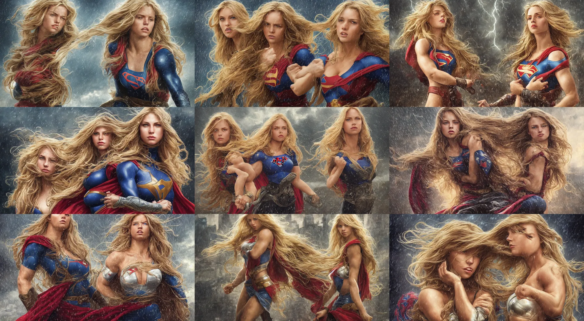 Image similar to epic portrait of a very muscled supergirl with a concentrated face and extremely long blonde wavy hair, light rain, thunder storm background, intricate detailed face, city background, steve argyle, greg rutkowski, alphonse mucha, francine van hove