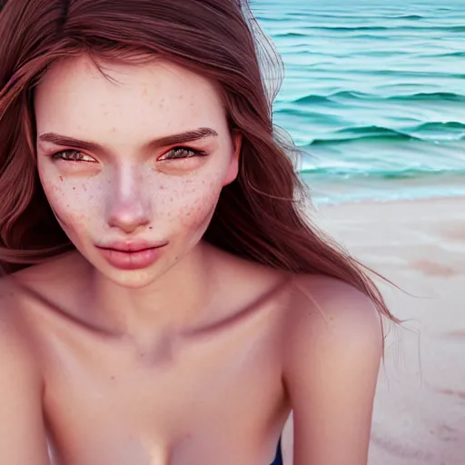 Prompt: portrait of a cute thin young woman, red blush, cute freckles, small smile, modern clothes, relaxing on the beach, serene beach setting, close up shot, 8 k, art by irakli nadar, hyperrealism, hyperdetailed, ultra realistic