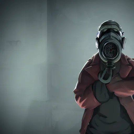 Prompt: hooden villain wearing a gas mask with red goggles, smoke coming out of his body and coat, dark background, wall with graffiti, unreal engine 5, ultra realistic, detailed, fog, studio ghibli inspired,