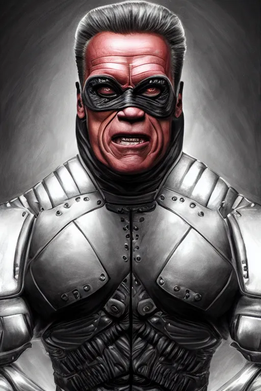 Image similar to arnold schwarzenegger as a cenobite, highly detailed, d & d, fantasy, highly detailed, digital painting, trending on artstation, concept art, sharp focus, illustration, global illumination, ray tracing, realistic shaded, art by artgerm and greg rutkowski and fuji choko and viktoria gavrilenko and hoang lap, sunny