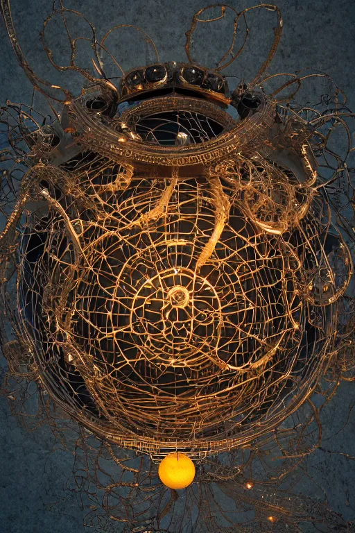 Prompt: an immaculate render of a metallic sphere made of old modular robot parts spawning cables and bird wings, floating in a temple surrounded by wild tentacles made from mandalas and incense smoke, powerful, cinematic, beautifully lit, by greg rutowski, by galan pang, 3 d, trending on artstation, octane render, 8 k