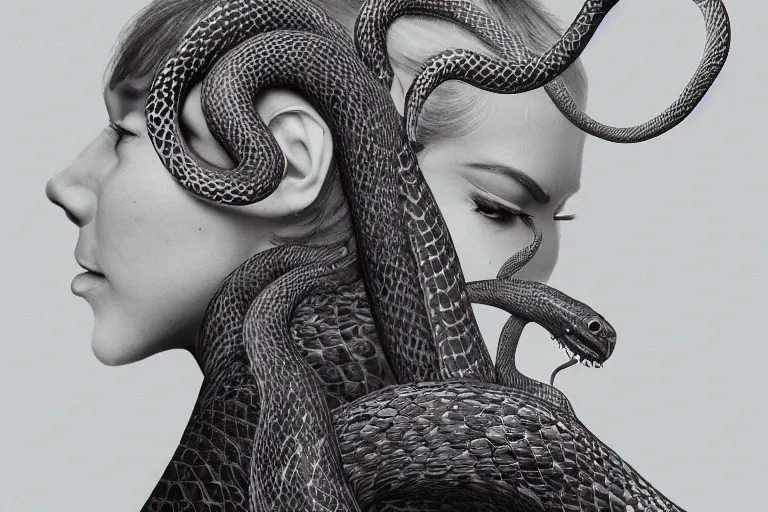 Image similar to photo of woman with snakes instead of hair in modern city, elegant, highly detailed, smooth, sharp focus, trippy, dmt, psychedelic, illustration, beautiful, geometric, trending on artstation, cinematic, artwork by WLOP