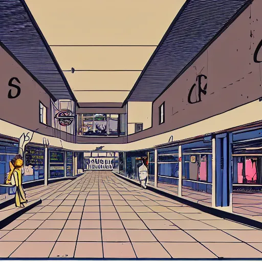 Prompt: Concept art for an abandoned mall from the 1980s