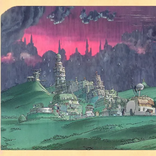 Prompt: howl's moving castle by studio ghibli, matte painting