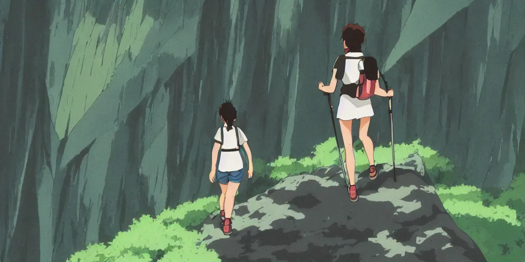 Prompt: woman with dark hair hiking up a fantastic mountain by studio ghibli