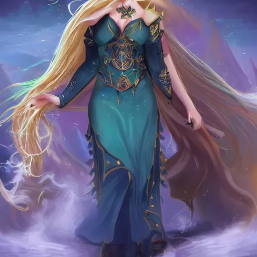 Image similar to jade is a mage and can use healing magic, she is 2 3 years old and has blonde hair and blue eyes, fantasy art illustration, incredibly highly detailed and realistic, 8 k, sharp focus