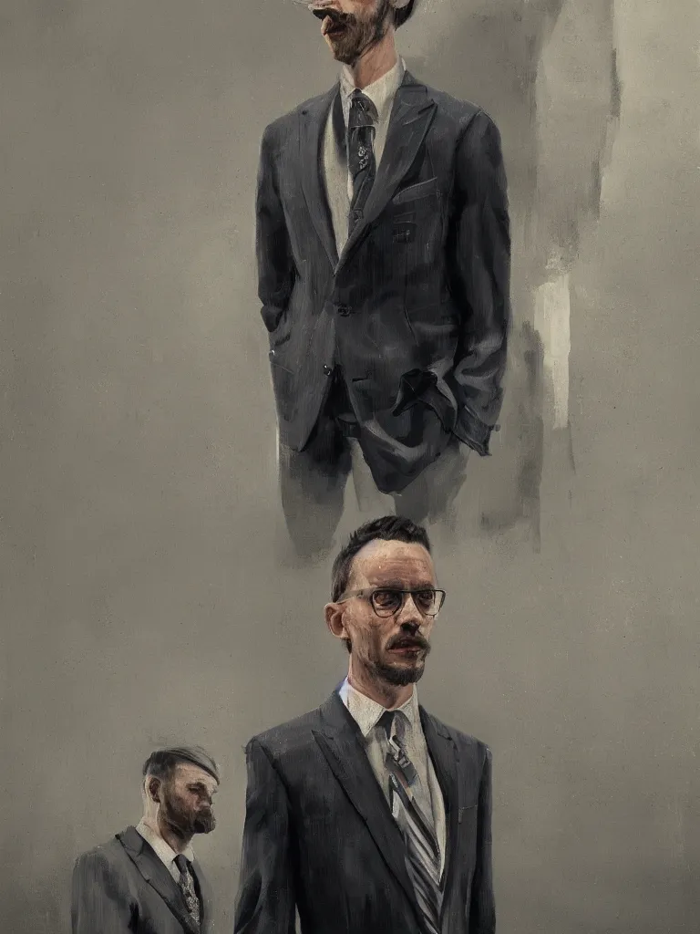 Prompt: a portrait of men in suits with tie in a painting from stalenhag, 4 k, 8 k, hdr, artstation, concept art