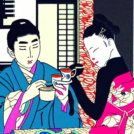 Image similar to Japanese beauty wrapped in a snake having tea with her husband by Toshio Saeki, high detailed